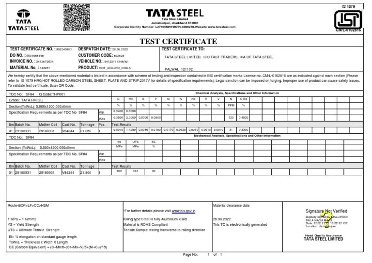 Test Certificate Signature Not Verified PDF Steel Ultimate