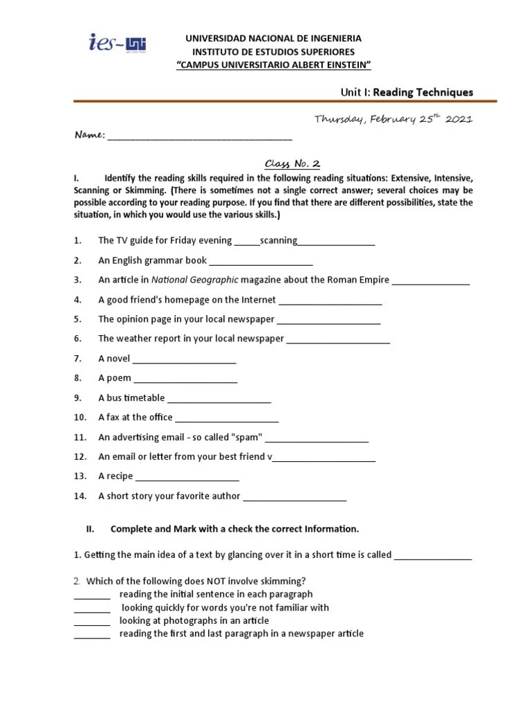 Clase No. 2 Types of Reading Exercises PDF