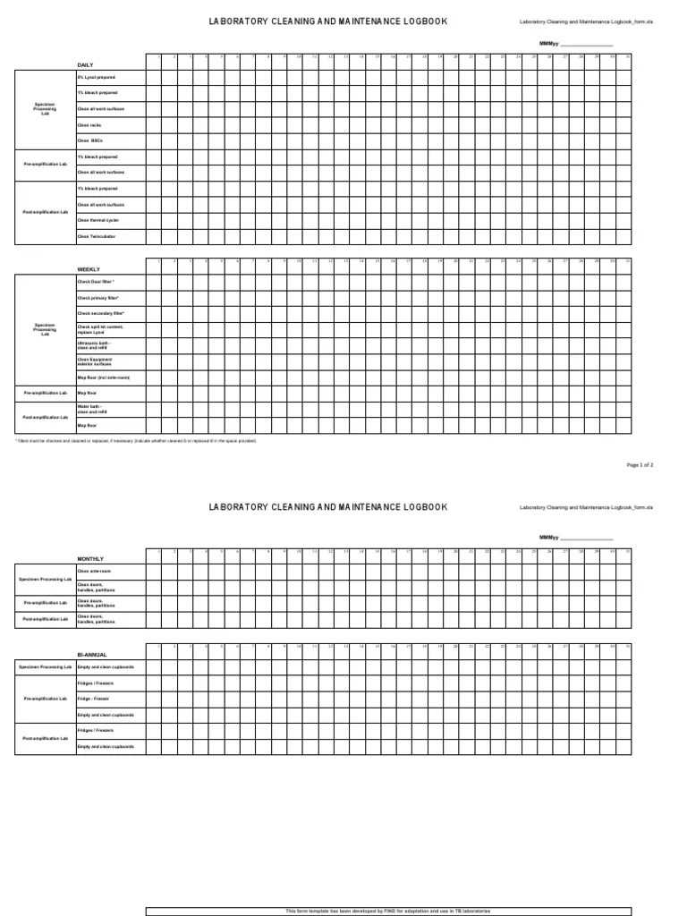 Laboratory Cleaning and Maintenance Logbook Form PDF Laboratories