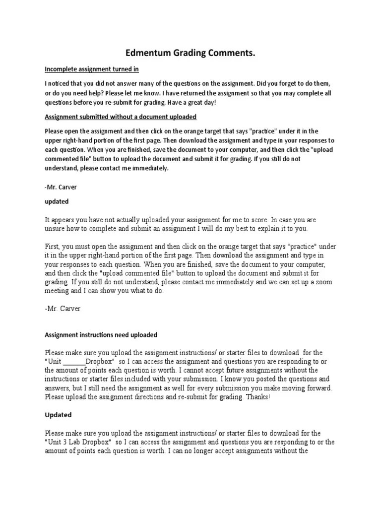 Edmentum Grading Comments Cheat Sheet PDF