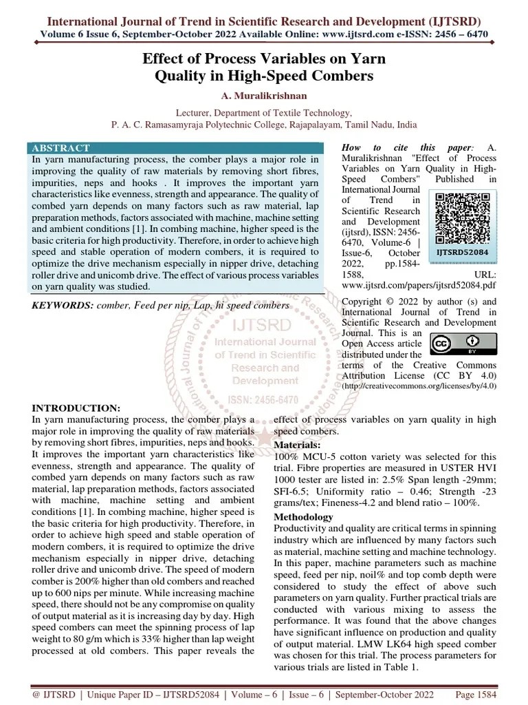 Effect of Process Variables On Yarn Quality in High Speed Combers PDF