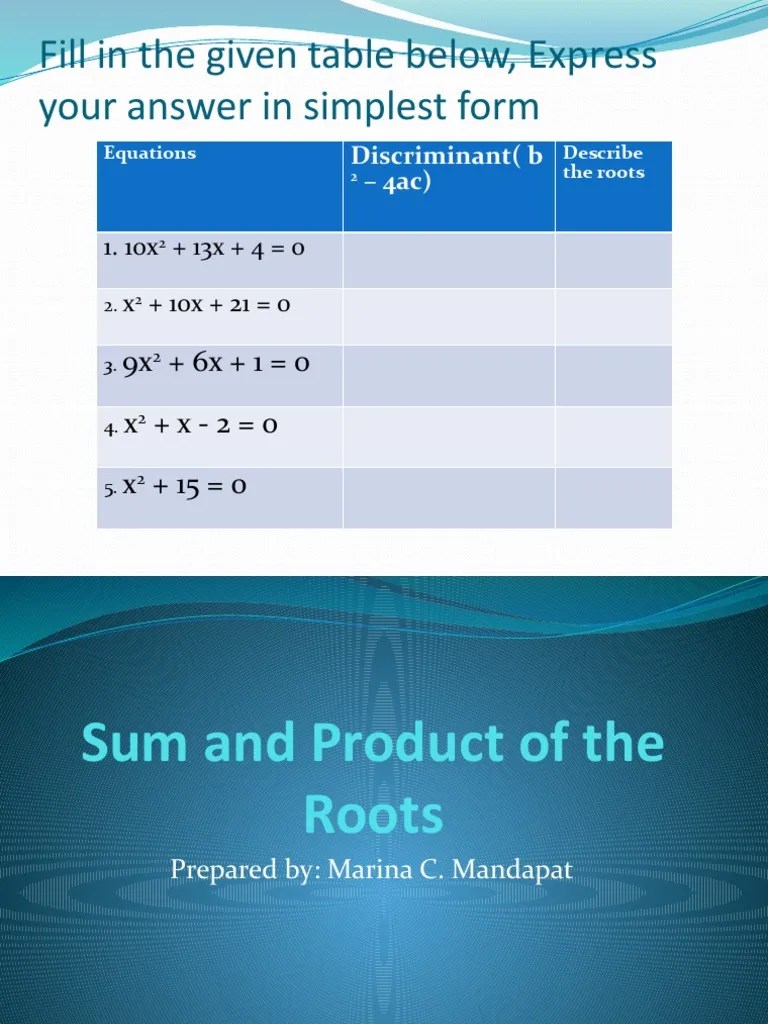 Sum and Products of The Roots of Quadratic Equation PDF