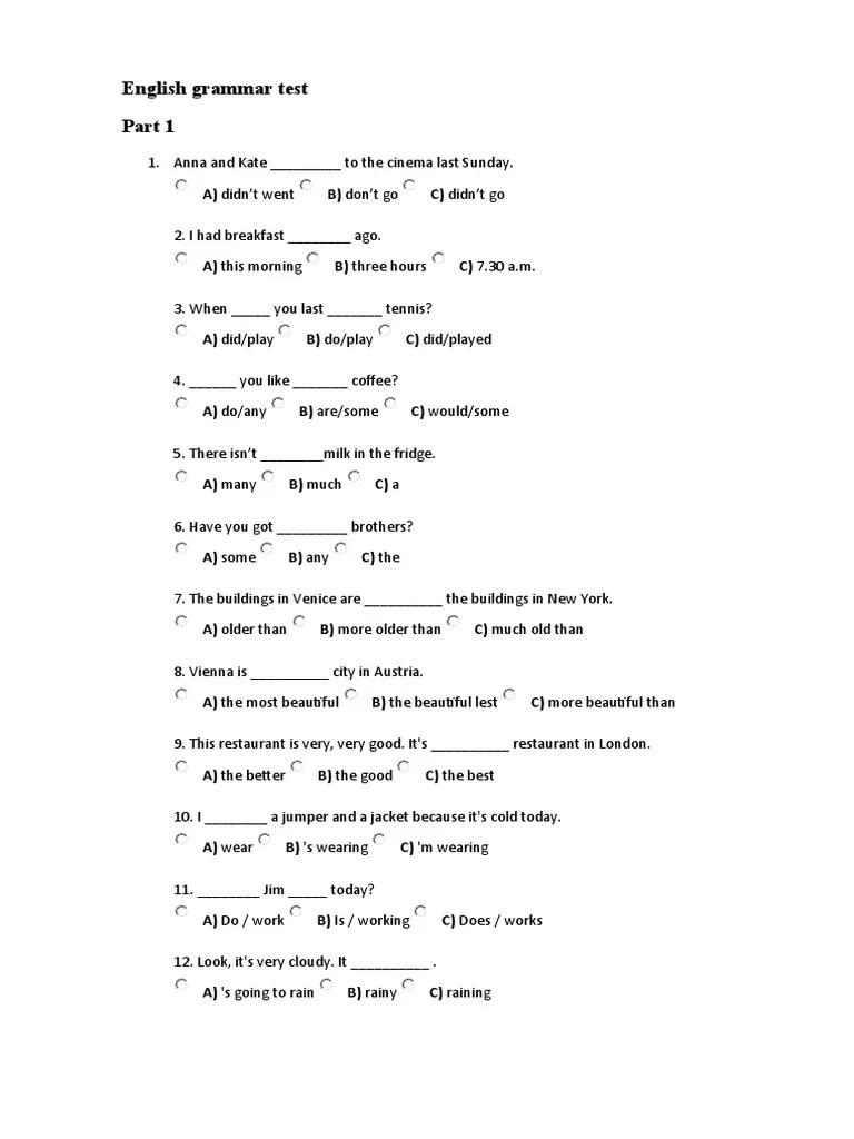 English Grammar Test PDF