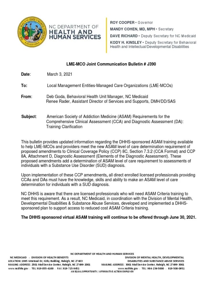 JCB J390 ASAM Requirements For The Comprehensive Clinical Assessment