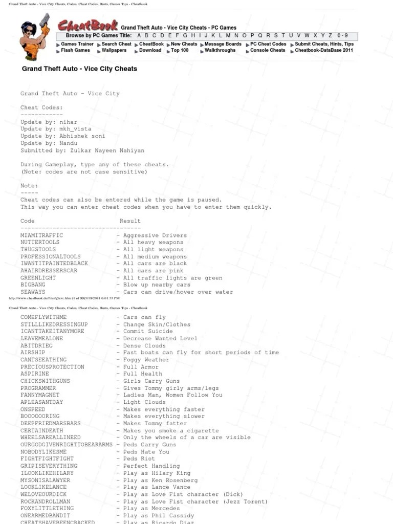 Grand Theft Auto Vice City Cheats, Codes, Cheat Codes, Hints, Games