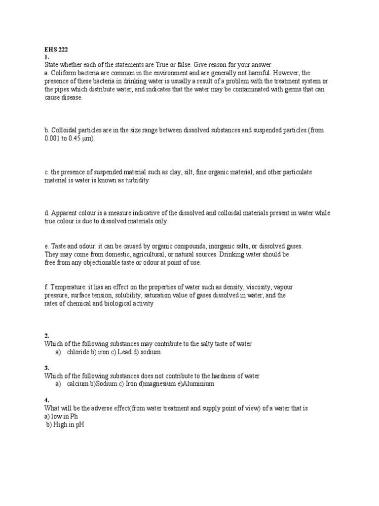 EHS 222 Questions PDF Water Purification Water