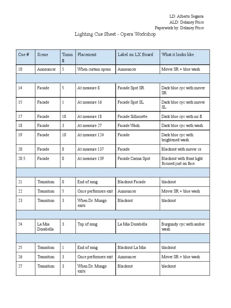 Lighting Cue Sheet PDF Light Lighting