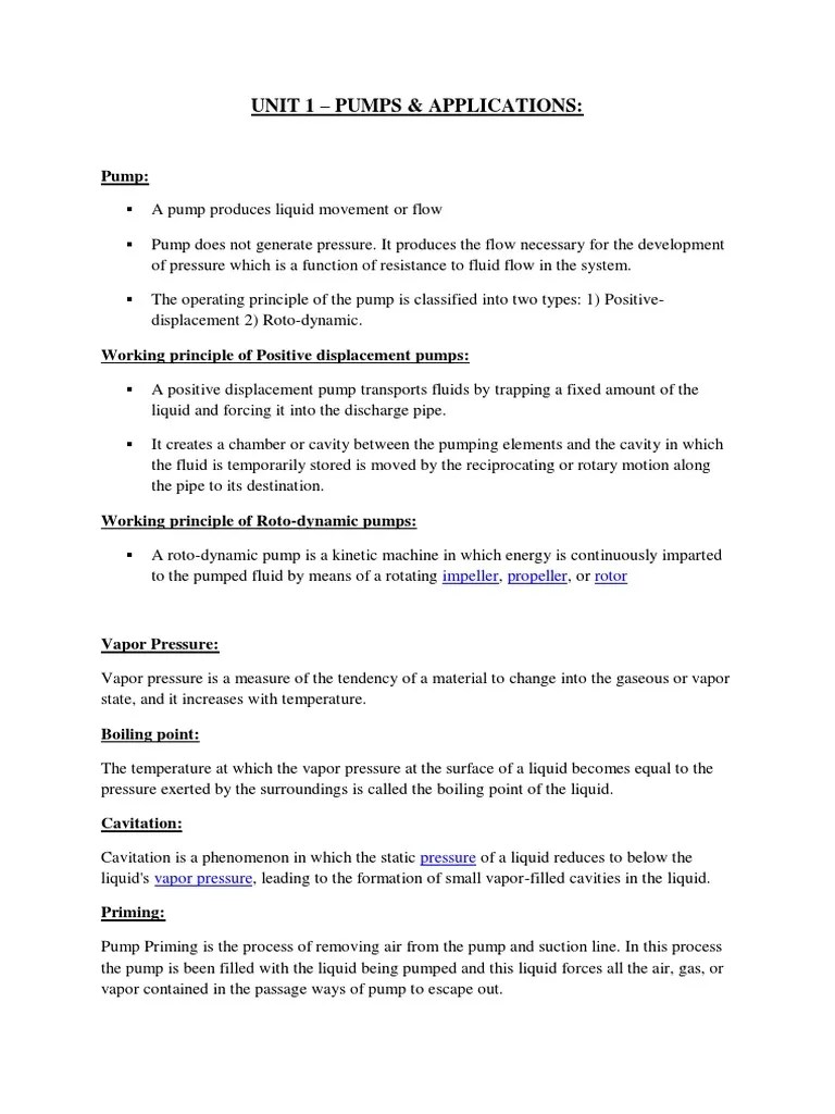 Unit 1 - Pumps & Applications | PDF | Pump | Pressure