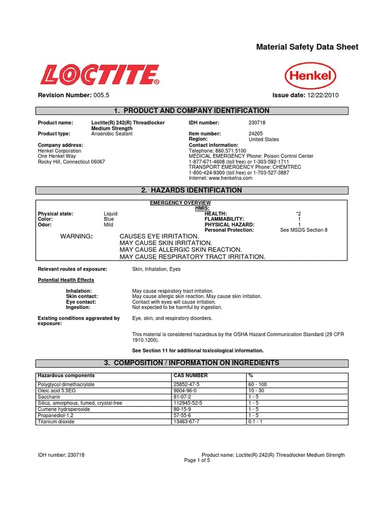 Loctite 242 Datasheet PDF Personal Protective Equipment Dangerous