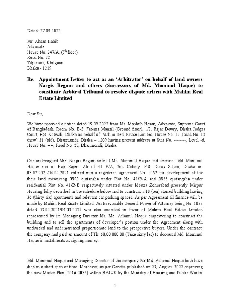 Appointment of Arbitrator For Nargis Begum and Others New PDF Business Law Government