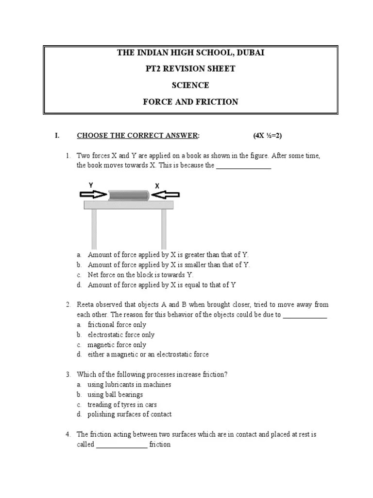 PT2 Revision Worksheet Force and Friction PDF