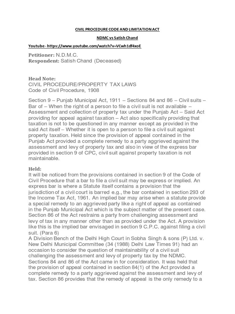 Civil Procedure Code and Limitation Act (Case Study) PDF Lawsuit