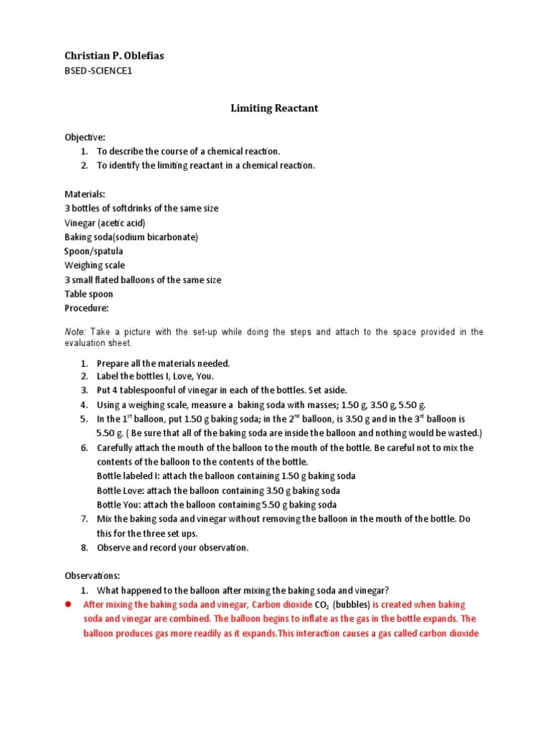 Limiting Reactant Experiment PDF Sodium Bicarbonate Sodium Carbonate