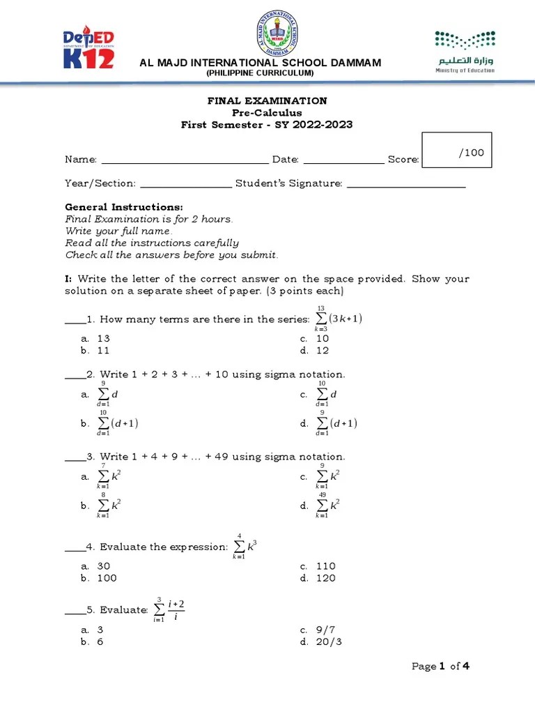 Pre-Calculus Final Exam | PDF | Mathematical Concepts | Abstract Algebra
