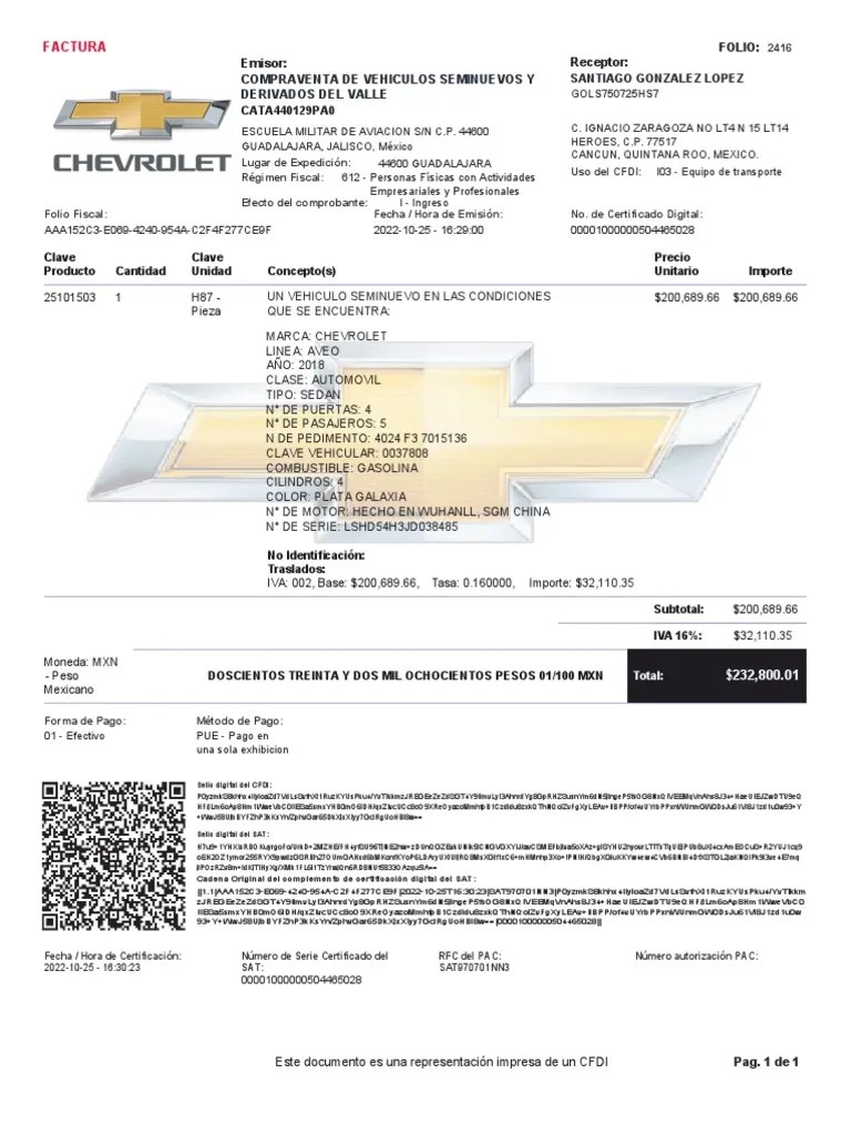 Factura CHEVROLET PDF Transporte Vehículos