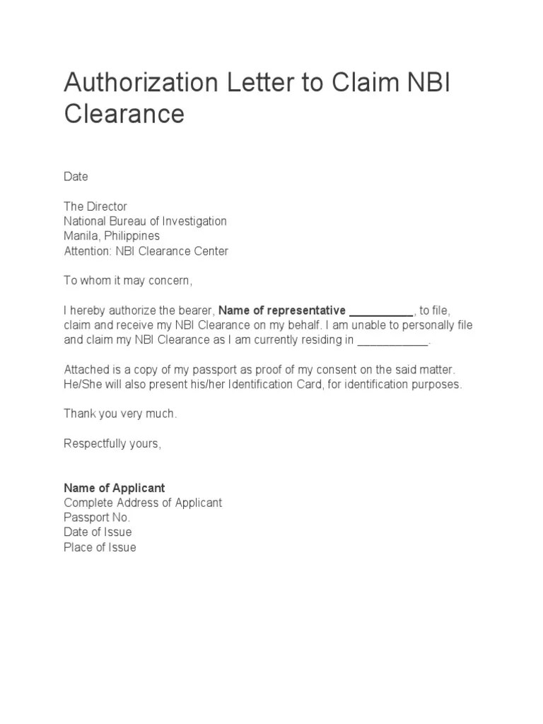 Authorization Letter To Claim NBI Clearance PDF