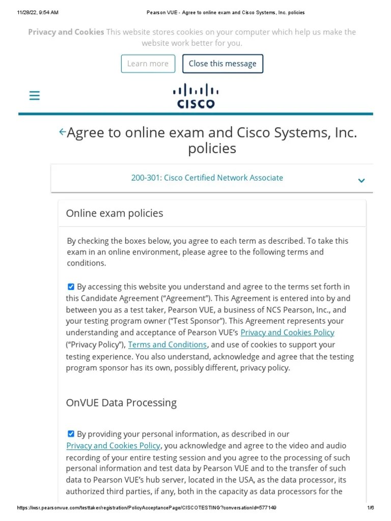 Pearson VUE Agree To Online Exam and Cisco Systems, Inc. Policies