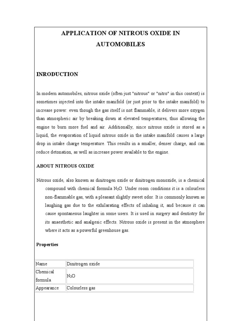 Application of Nitrous Oxide in Automobiles PDF Nitrous Oxide