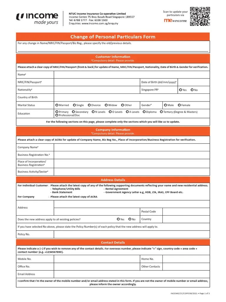 Change of Personal Particulars Form PDF Insurance We Chat