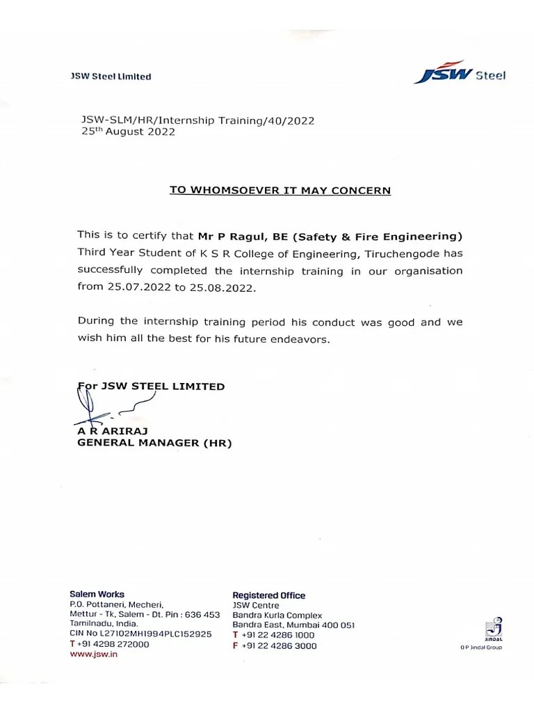 JSW Steel Limited Internship Training PDF