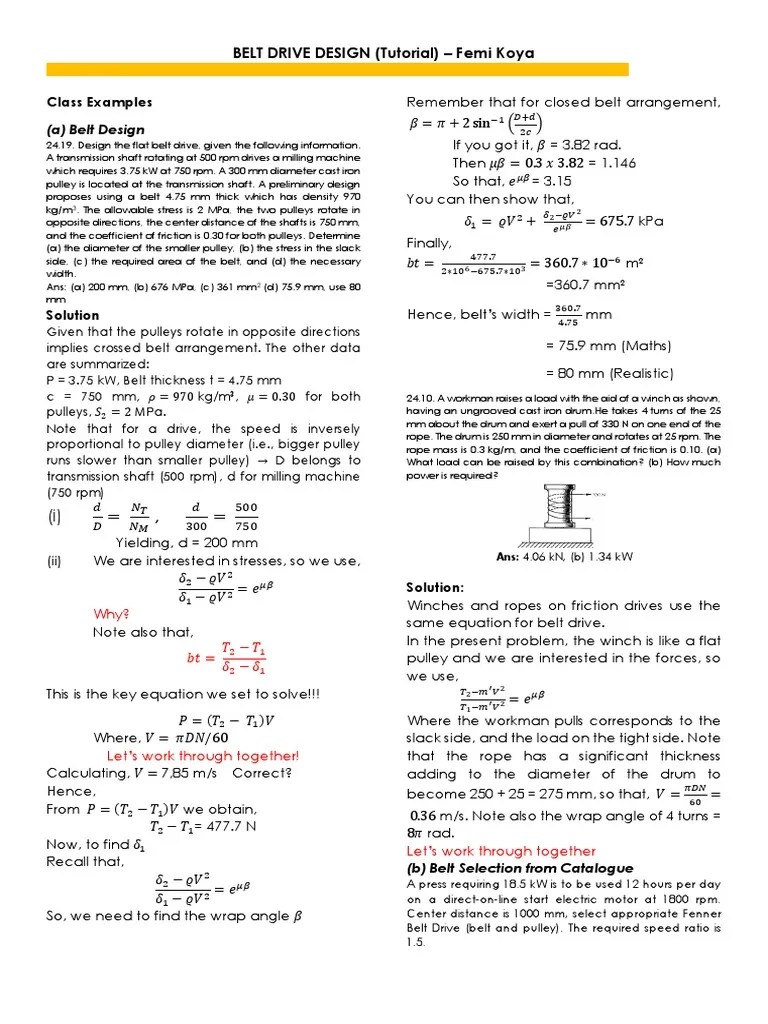 Belt Drive Design 2 (MEE 507) PDF Belt (Mechanical) Applied And