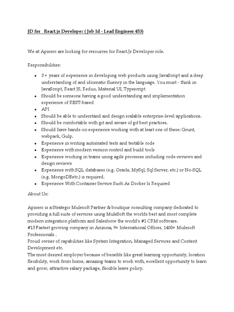 JD For React Js Developer (Job Id Lead Engineer 453) PDF