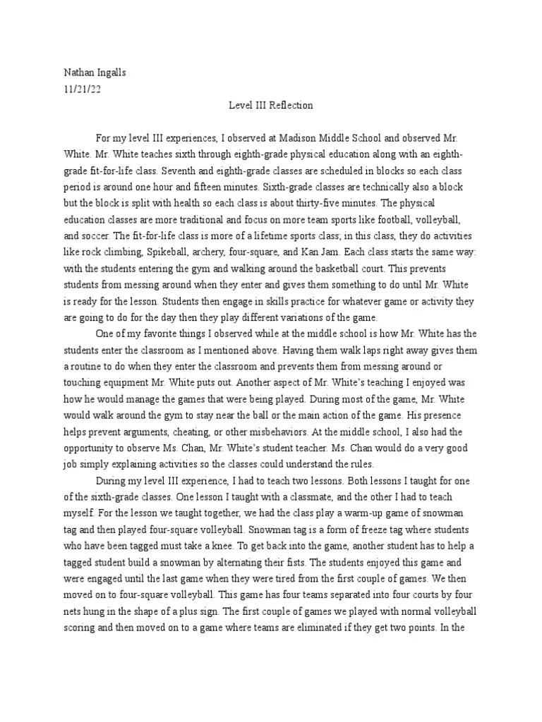 Level III Reflection PDF Volleyball Teachers