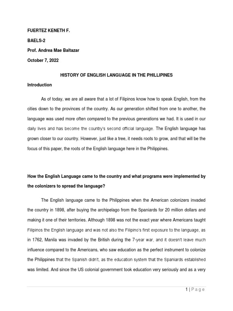 HISTORY OF ENGLISH IN THE PHILIPPINES Fuertez K.F. PDF Philippines