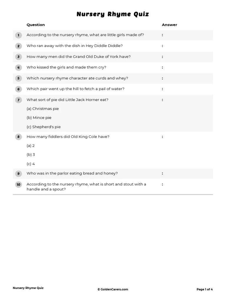 Nursery Rhyme Quiz | PDF | English Folklore | Children's Poetry