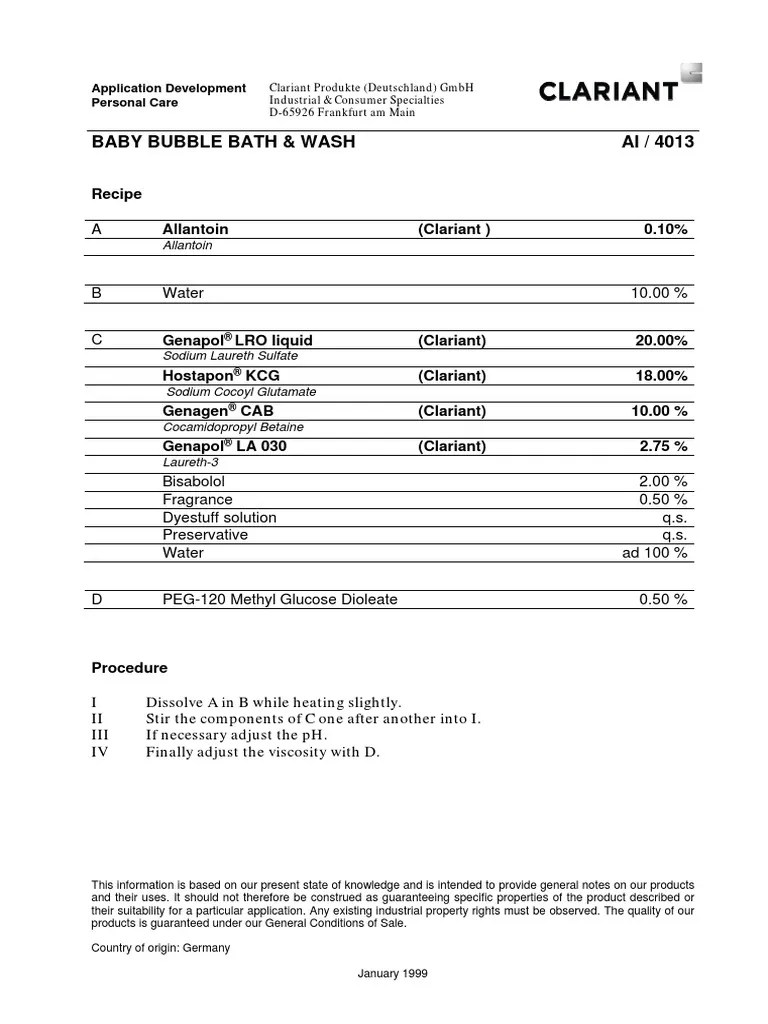 Clariant Formulation Baby Bubble Bath and Wash 199901 EN PDF