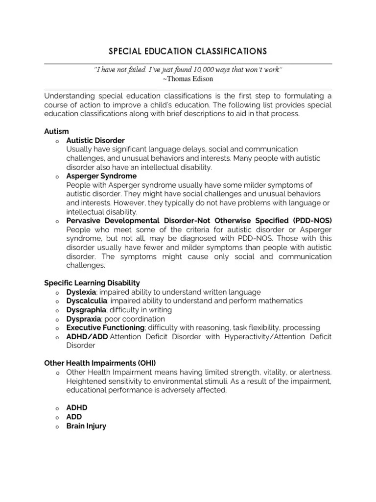 Special Education Classifications PDF Attention Deficit