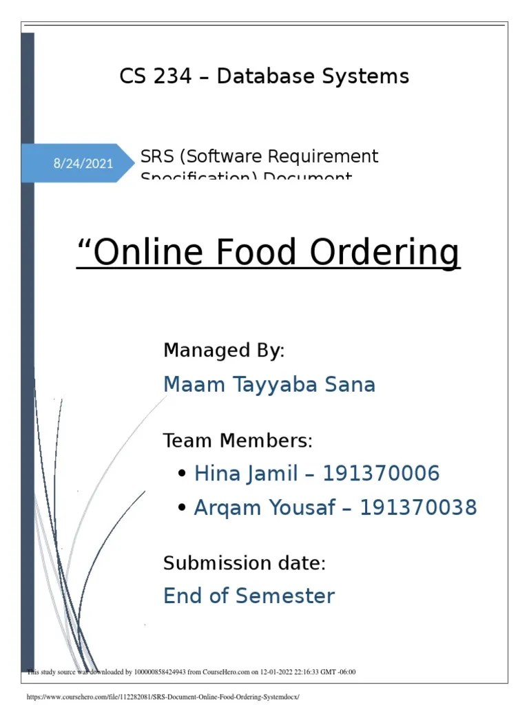 SRS Document Online Food Ordering System PDF Databases User
