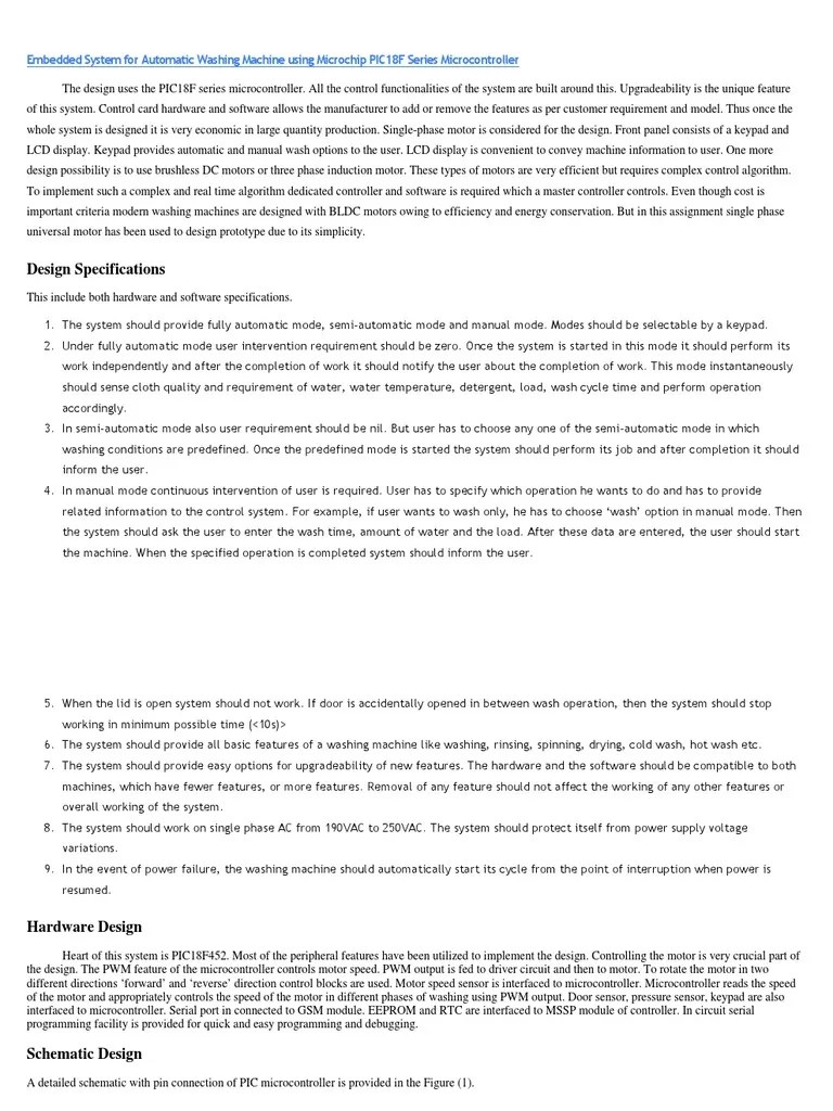 Unit2 Case Study Embedded System For Automatic Washing Machine PDF Microcontroller