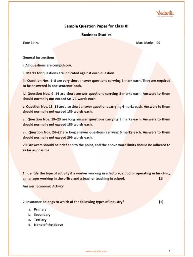 CBSE Class 11 Business Studies Paper 1 PDF Insurance Public