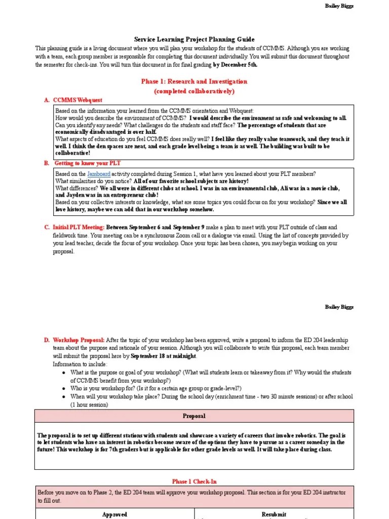 Bailey Biggs Fall 2022 Service Learning Project Planning Guide PDF