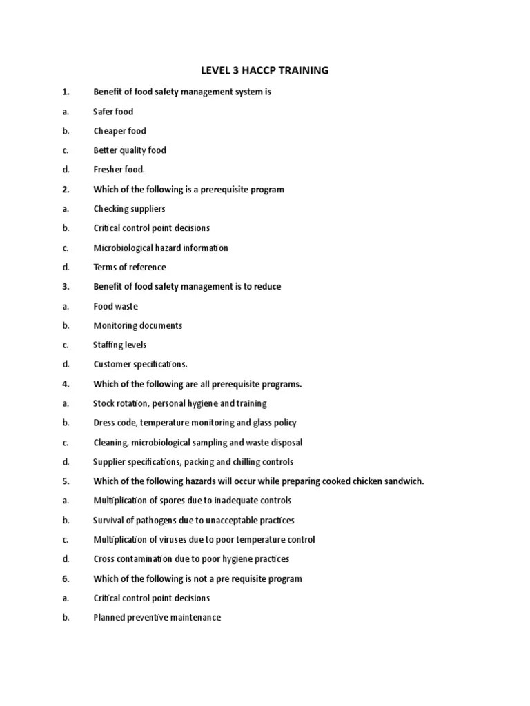 LEVEL 3 HACCP TRAINING Model Questions 4 PDF Food Safety Hazard Analysis And Critical