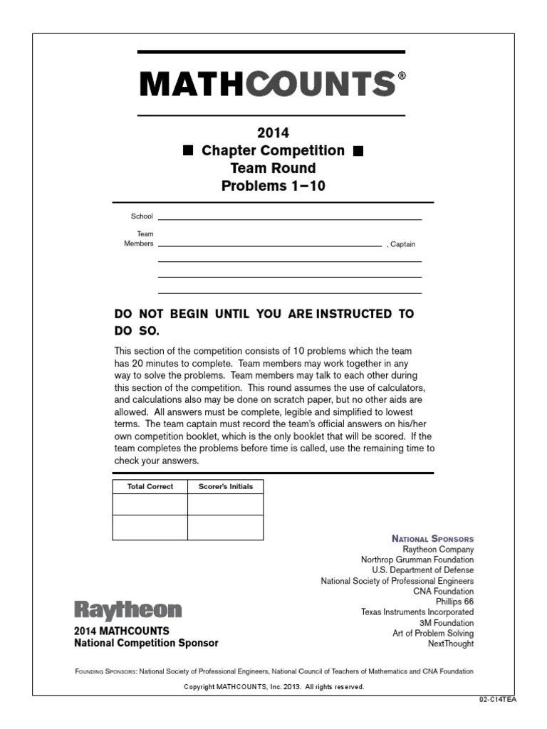 MATHCOUNTS 2014 Chapter Competition Team Round PDF Mathematics