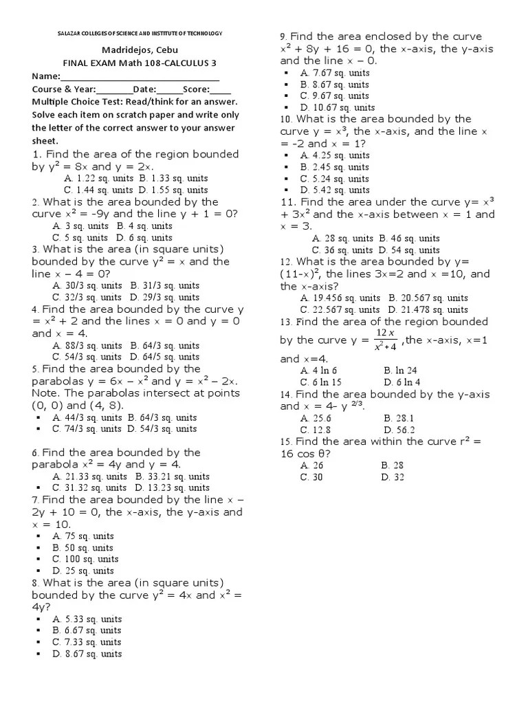 Calculus 3 Final Exam with Multiple Choice Questions on Finding Areas