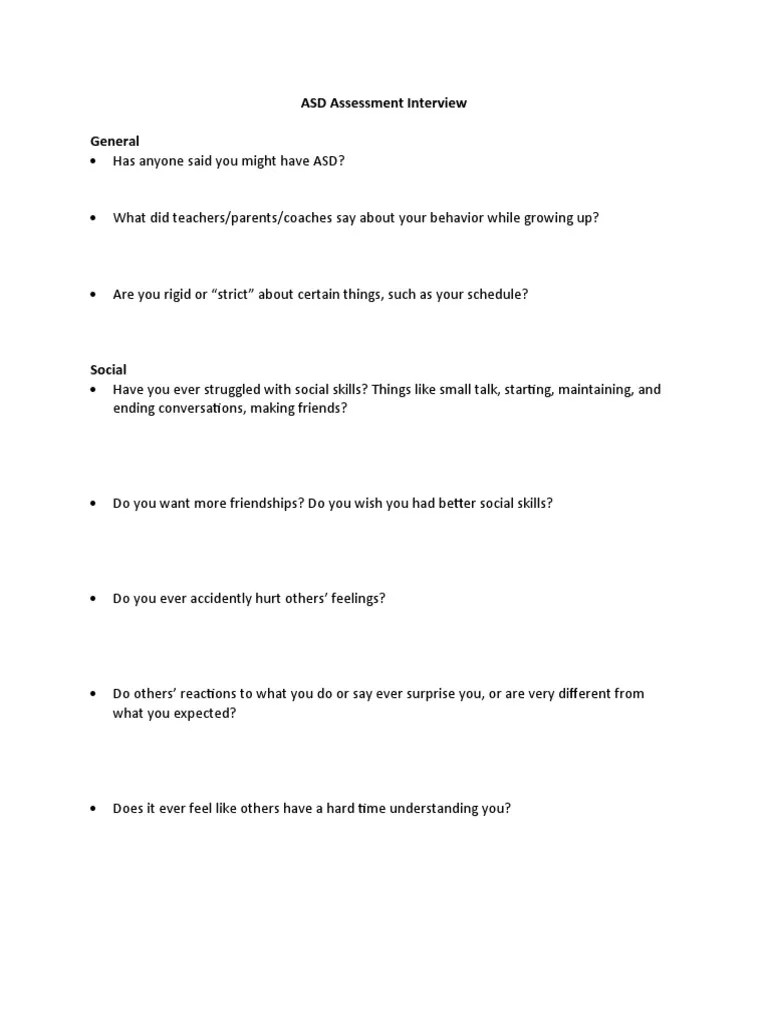 ASD Assessment Interview PDF Autism Spectrum Friendship
