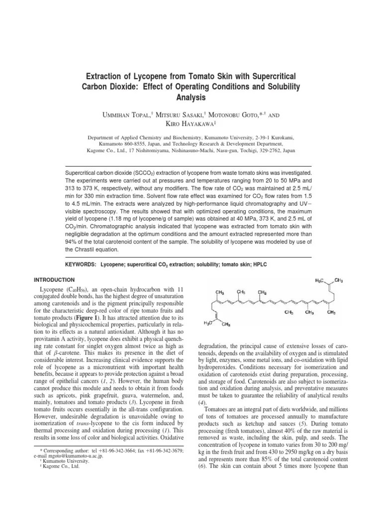 Extraction of Lycopene From Tomato Skin PDF Supercritical Fluid Carbon Dioxide