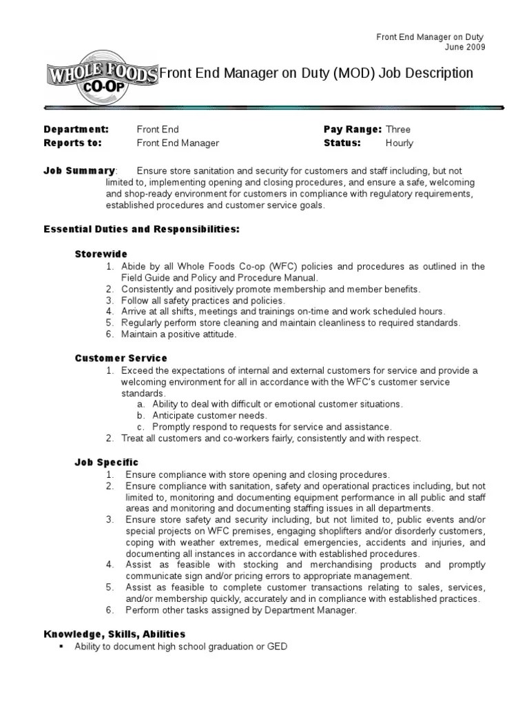 Front End Manager Job Description PDF Regulatory Compliance Safety