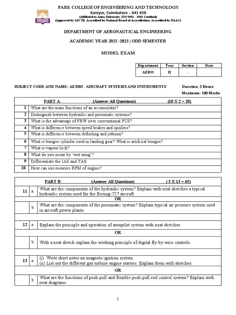 Aircraft Systems and Instruments Model Exam Questions on Hydraulic
