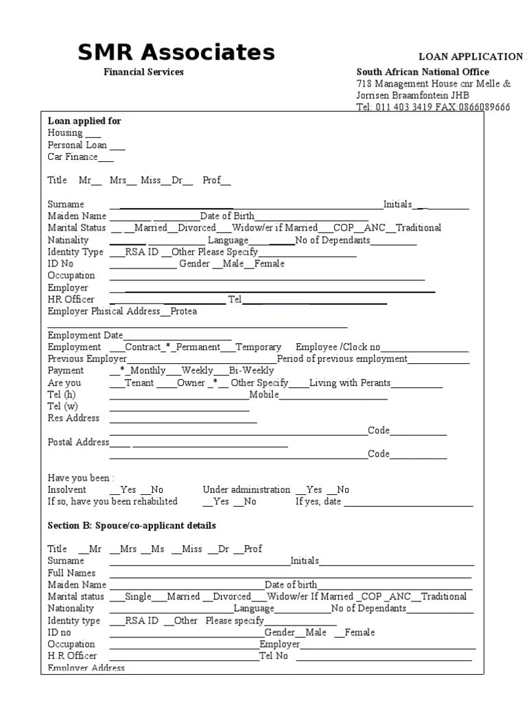 Smr Associates Loan Application Form Loans Money