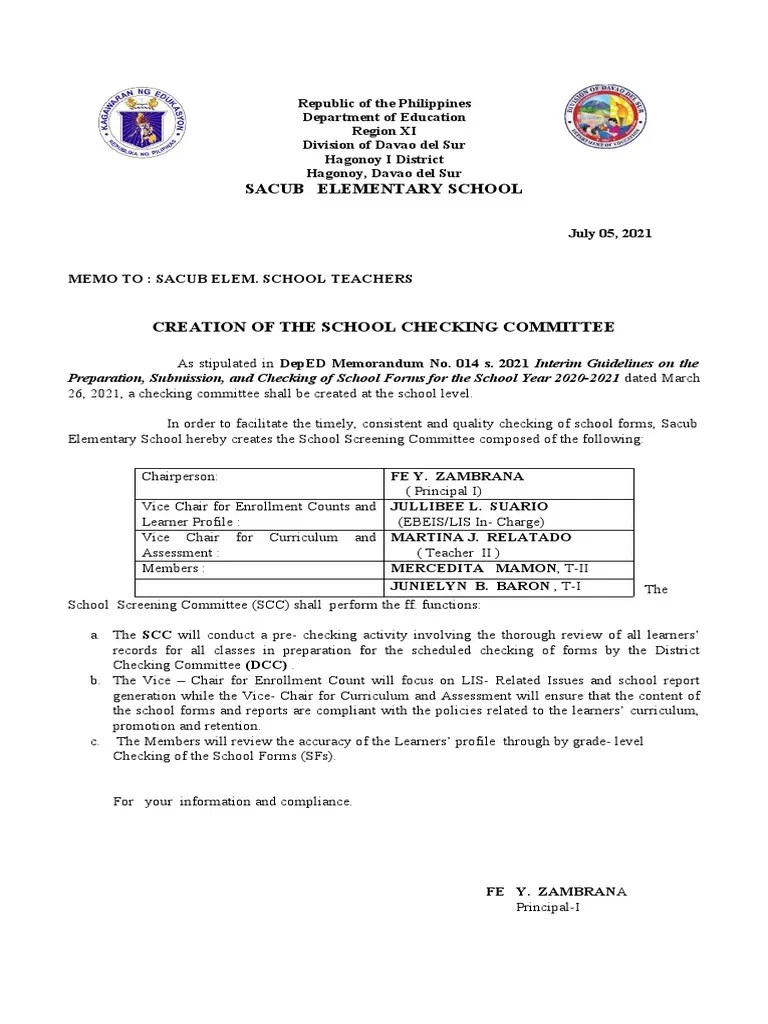 Memo School Checking Committee PDF Learning
