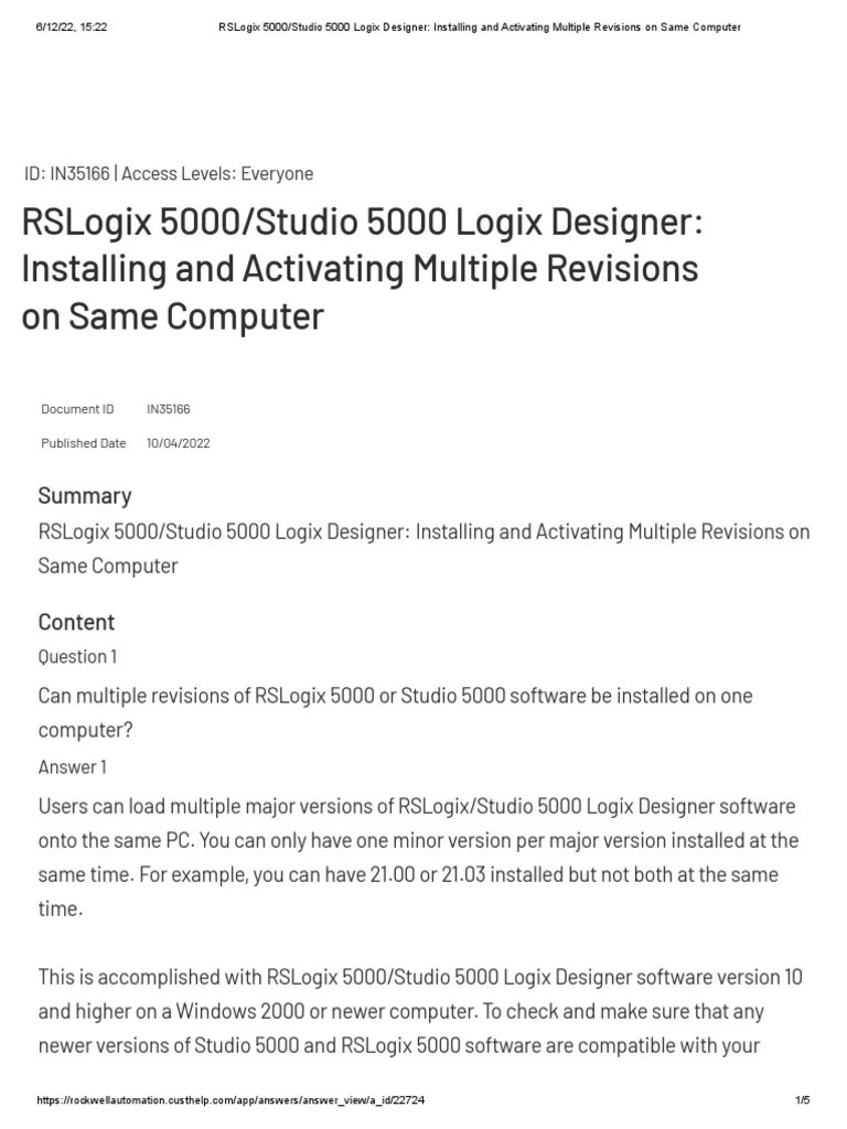 RSLogix 5000 Studio 5000 Logix Designer Installing and Activating