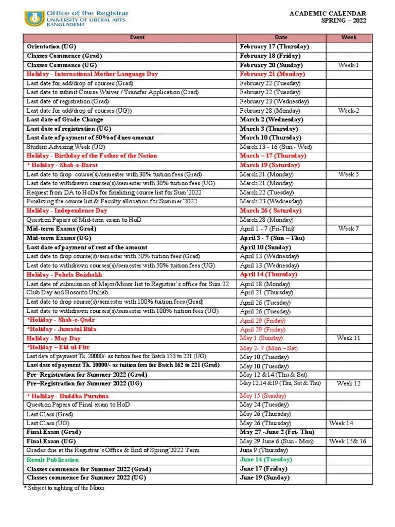 Academic Calendar Spring 2022 PDF Academic Term Academia
