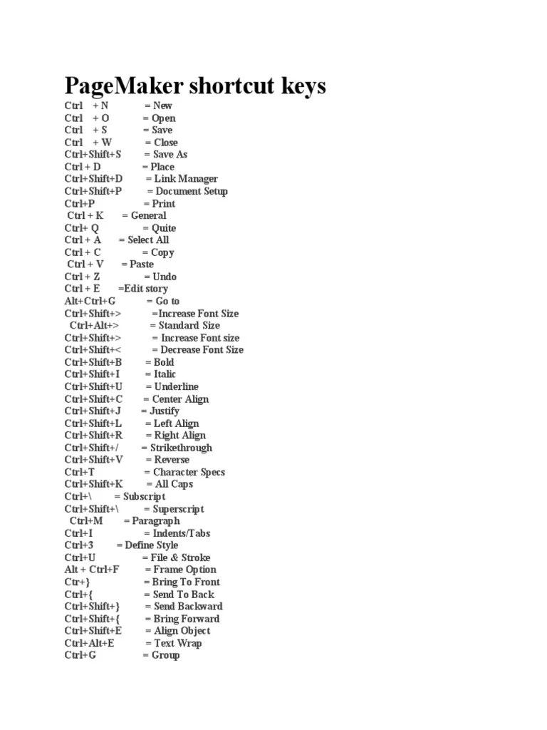 PageMaker Shortcut Keys PDF Control Key Computing