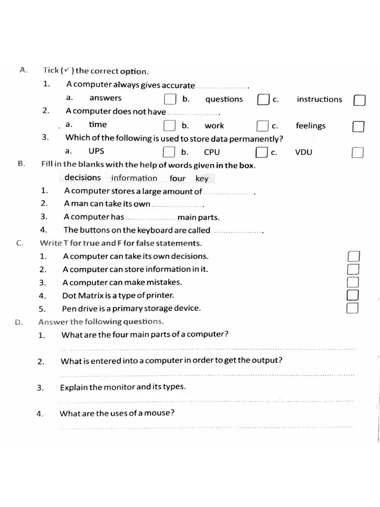 Computer Questions Paper For Class 2 PDF