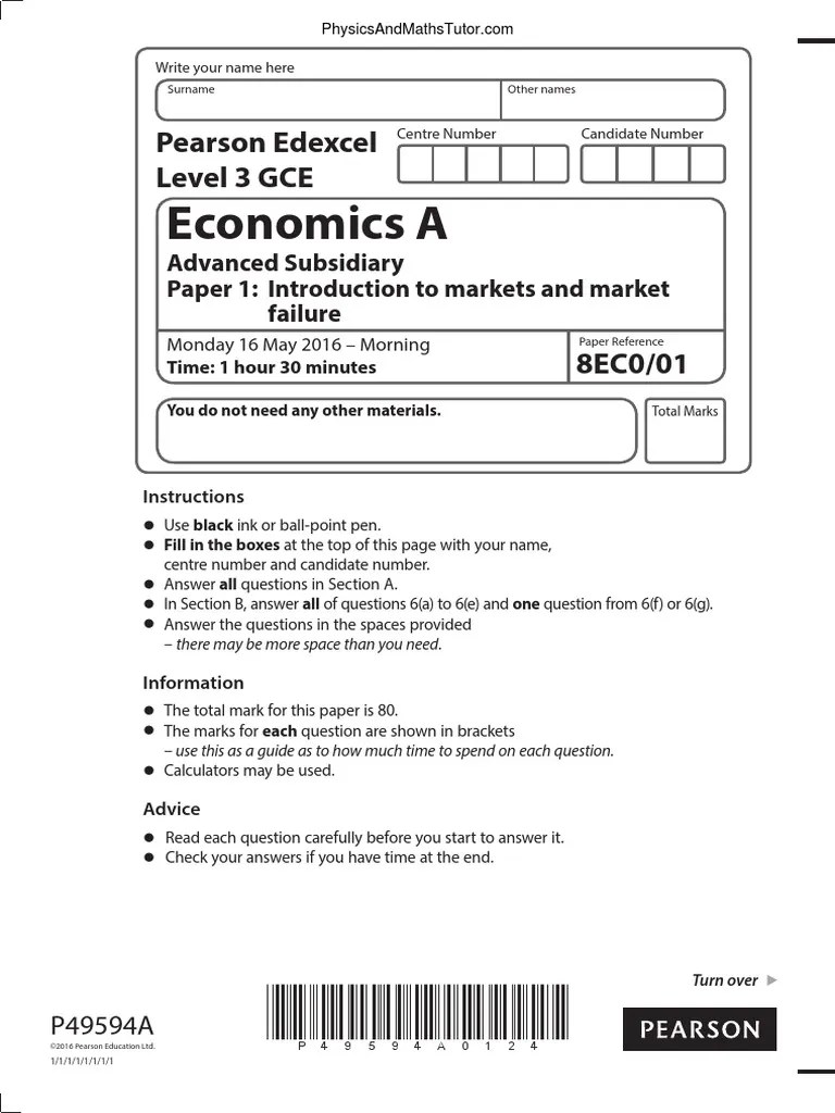 June 2016 QP Paper 1 Edexcel (A) Economics ASlevel PDF Supply And Demand Mortgage Loan