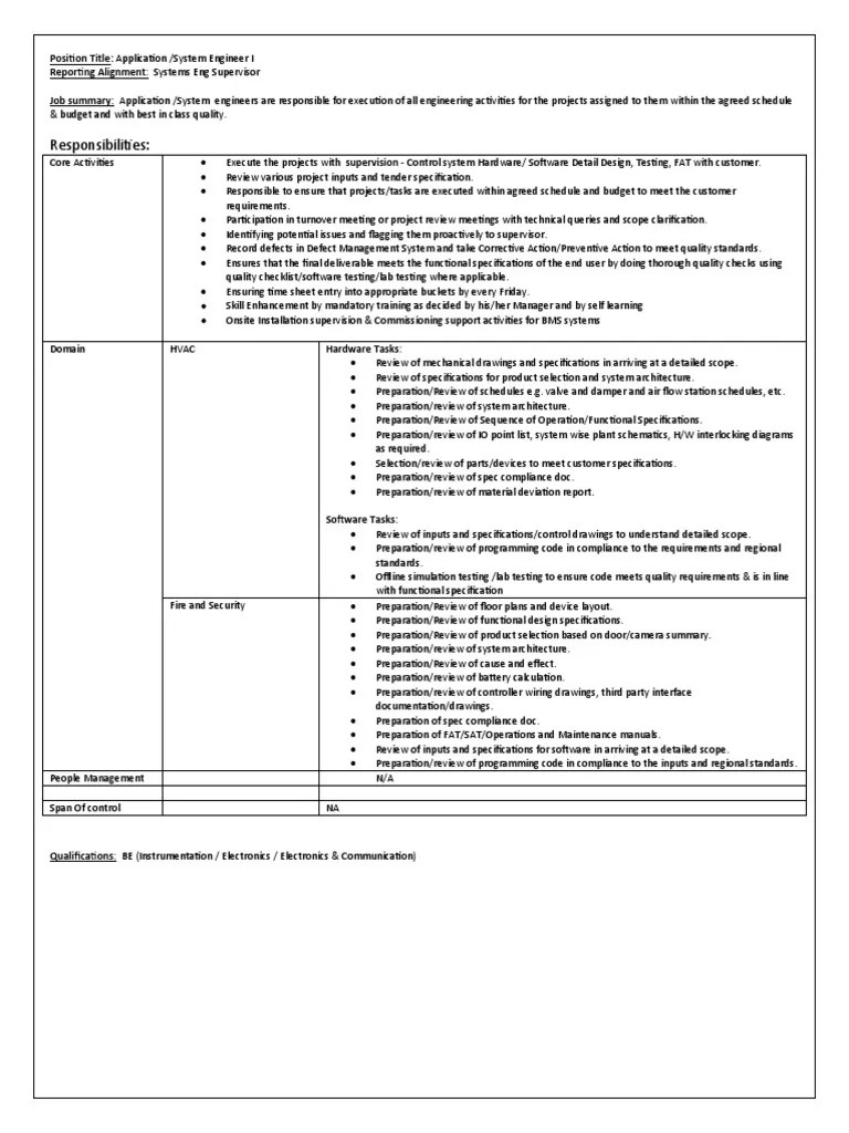 JD Application System Engineer I PDF Specification (Technical